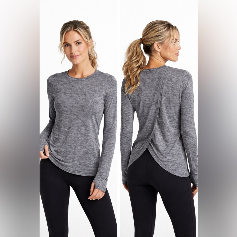 Athleta Heather Gray Tulip Back Long‎ Sleeve UPF Activewear Top Womens Small